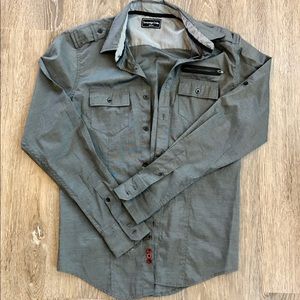 Sovereign code gray long sleeved button up shirt.